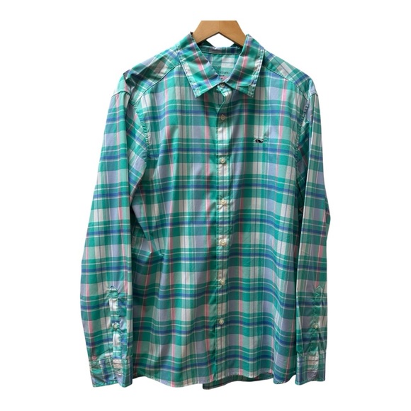 Vineyard Vines Performance Aqua Green Plaid Preppy Button Down Shirt Size L - Picture 1 of 6